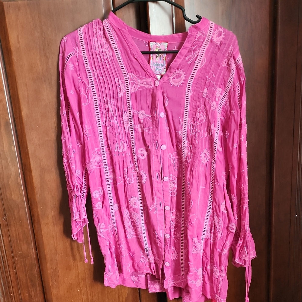 Johnny Was Pink 3/4 Sleeve Pleated Blouse